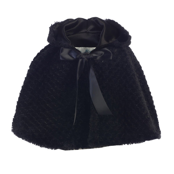 Little Girls Black Ribbon Accent Hooded Swirl Texture Faux Fur Cape 2T-6 - SophiasStyle.com